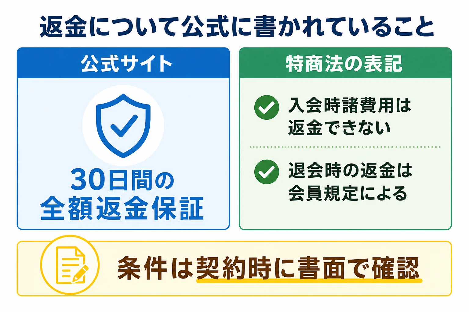 パーソナルジムRatの返金保証の案内と特定商取引法に基づく表記の返金の決まりを並べた図解