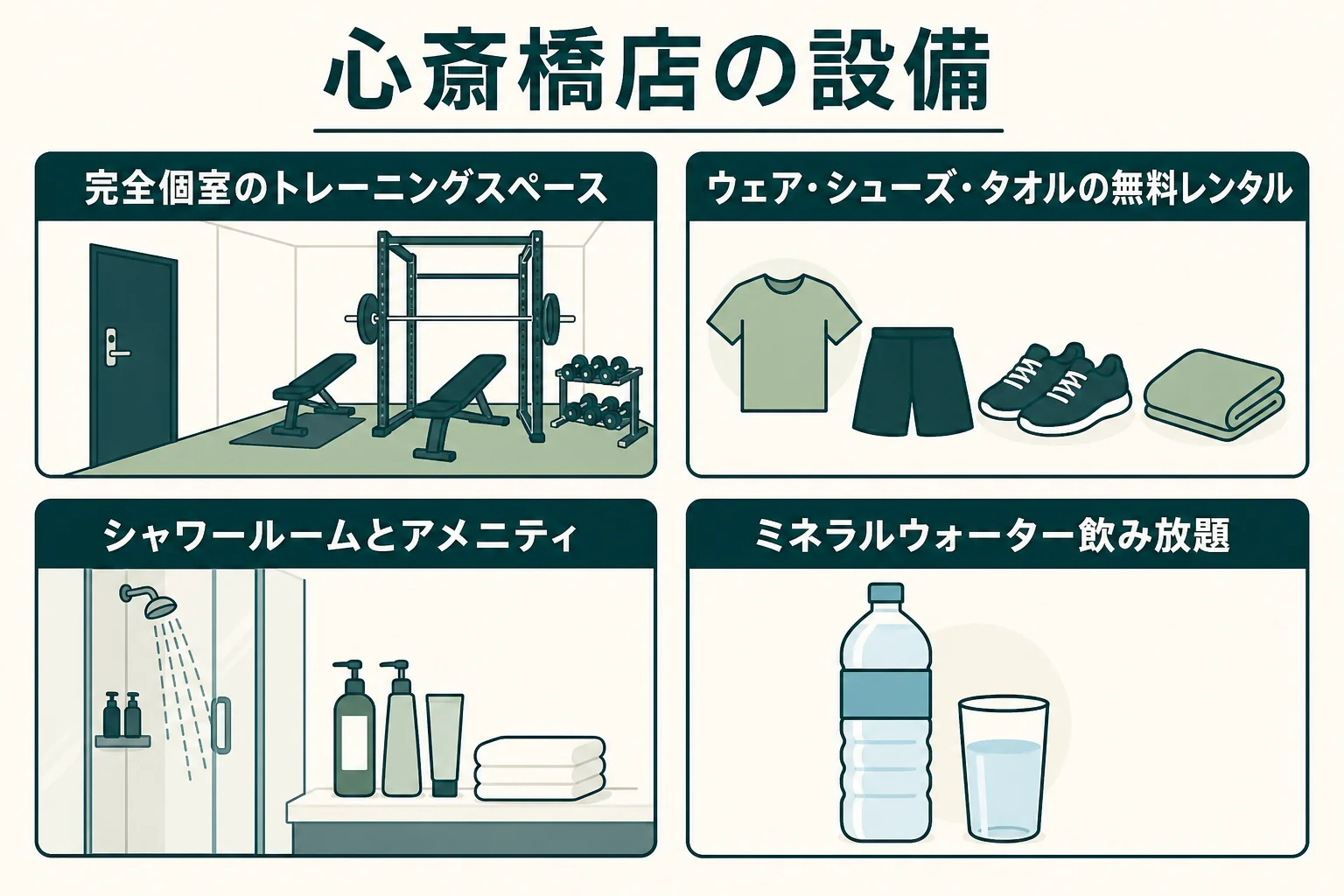 パーソナルジムRat心斎橋店の店舗ページで紹介されている設備をまとめた図解