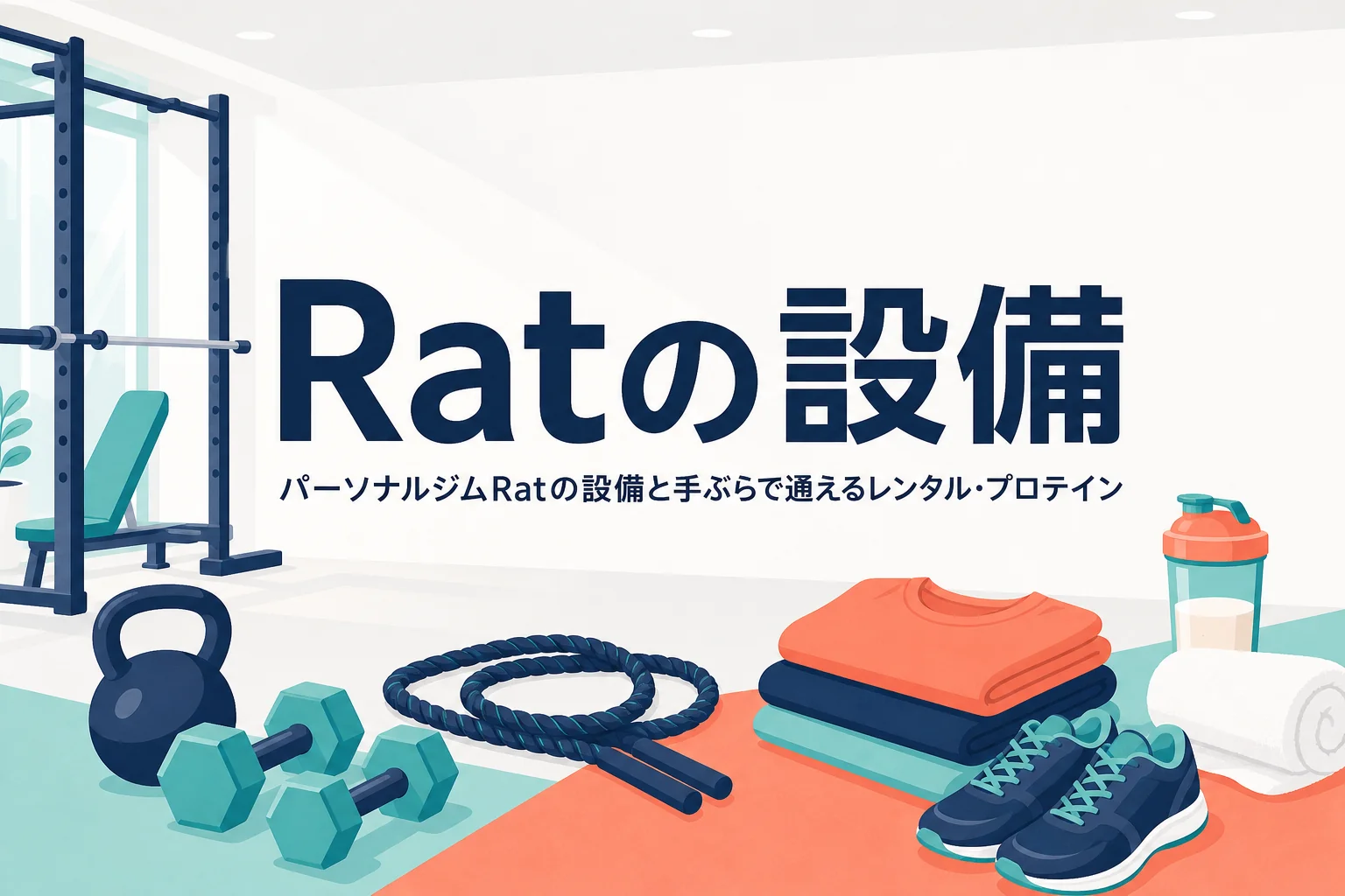 パーソナルジムRatの完全個室や無料レンタル、プロテインなどの設備を紹介する記事のアイキャッチ