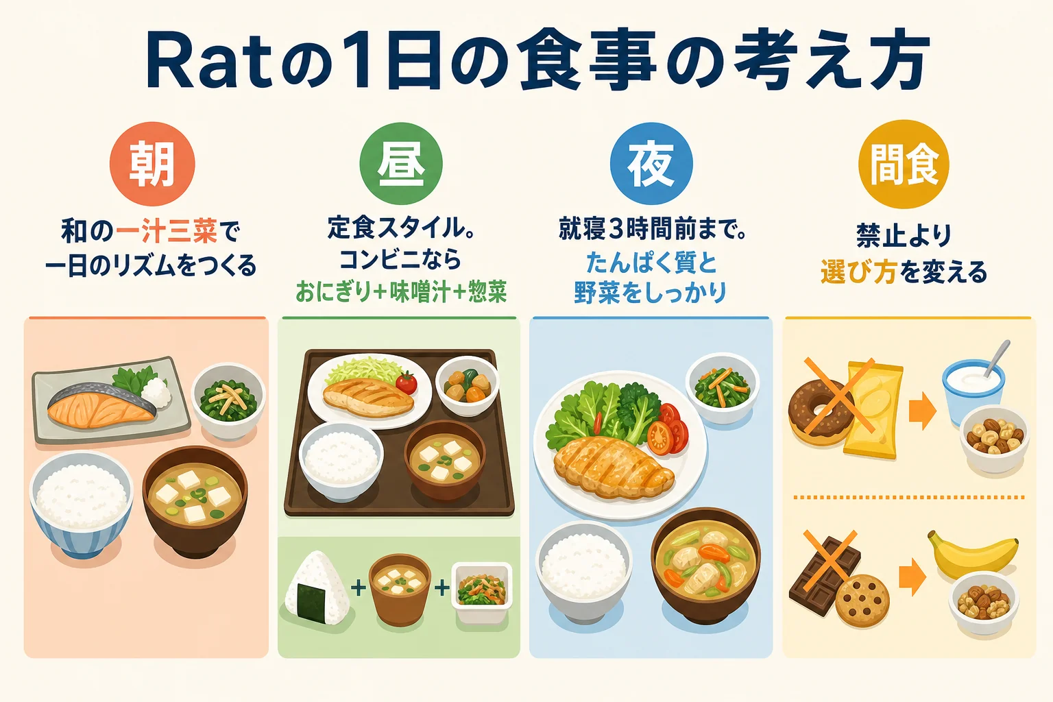 パーソナルジムRatの食事指導で紹介されている朝昼夜と間食の考え方をまとめた図解